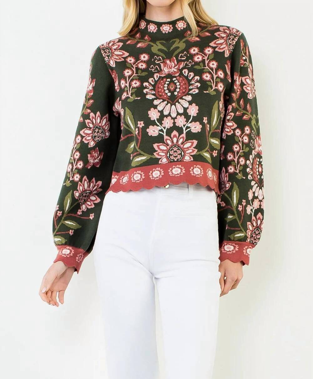 NEW THML ivey mockneck sweater in forest green with multi-color floral print